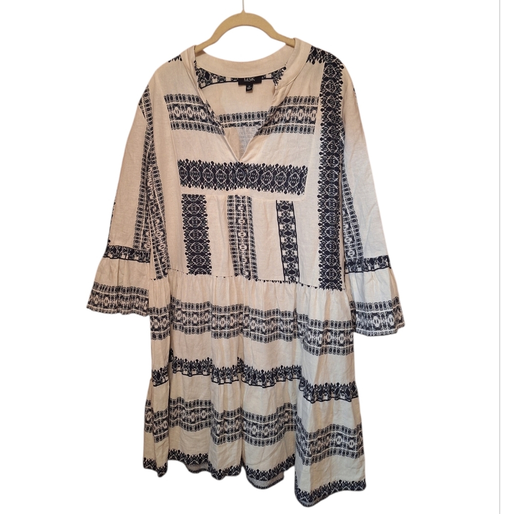 MSK Black & White Patterned Tunic Dress Ladies Medium Linen Blend Bohemian